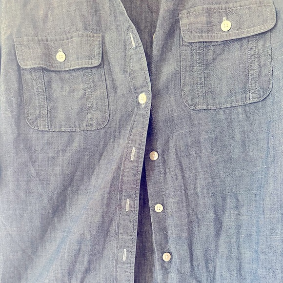 Blue cotton w white stitching button up. Sleeves can be rolled + buttoned up. - Picture 2 of 4
